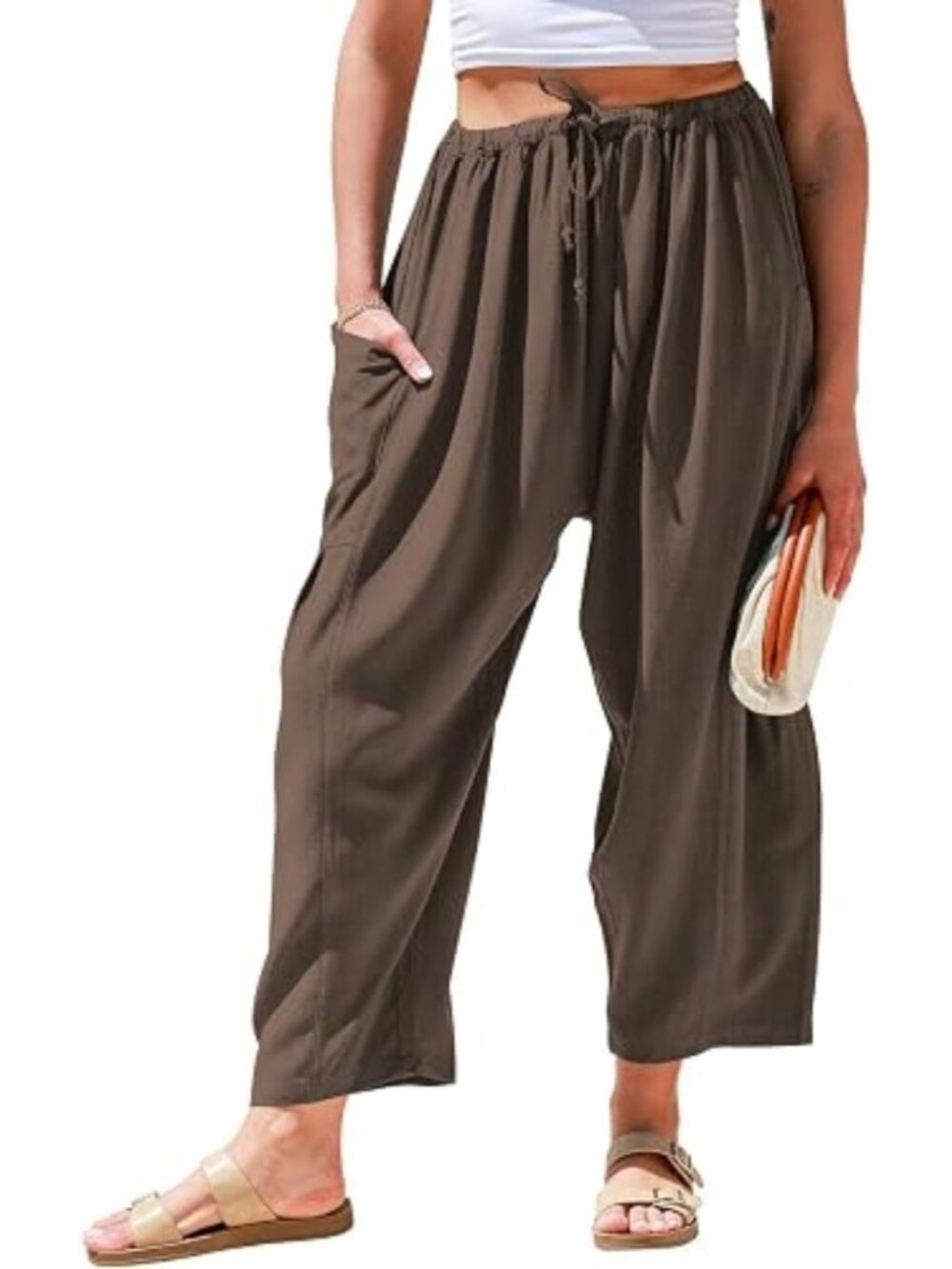 TARSE Womens Linen Blend Wide Leg Pants 2 PAIRS Casual Loose Drawstring Size S
